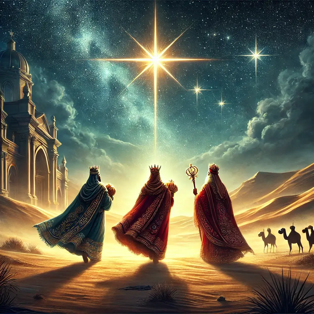 O Tres Reis Magos seguindo a estrela de Belem pra ver Jesus