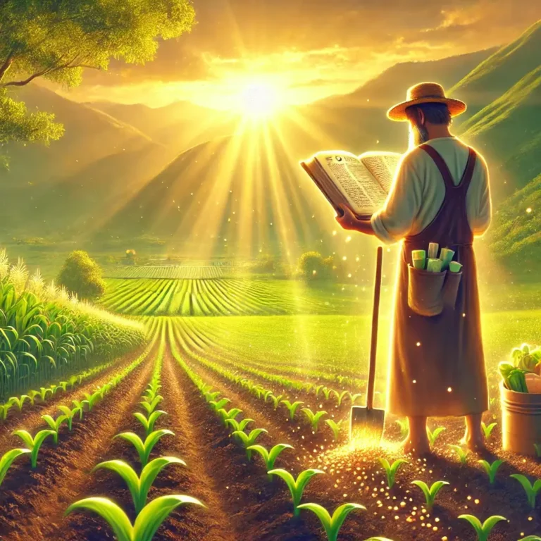 agricultor semeando em solo fértil, simbolizando a parábola da semente e a bênção de Deus